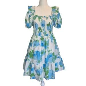 New Anthropologie Sugarlips Smocked Pullover White Blue Green Dress Medium